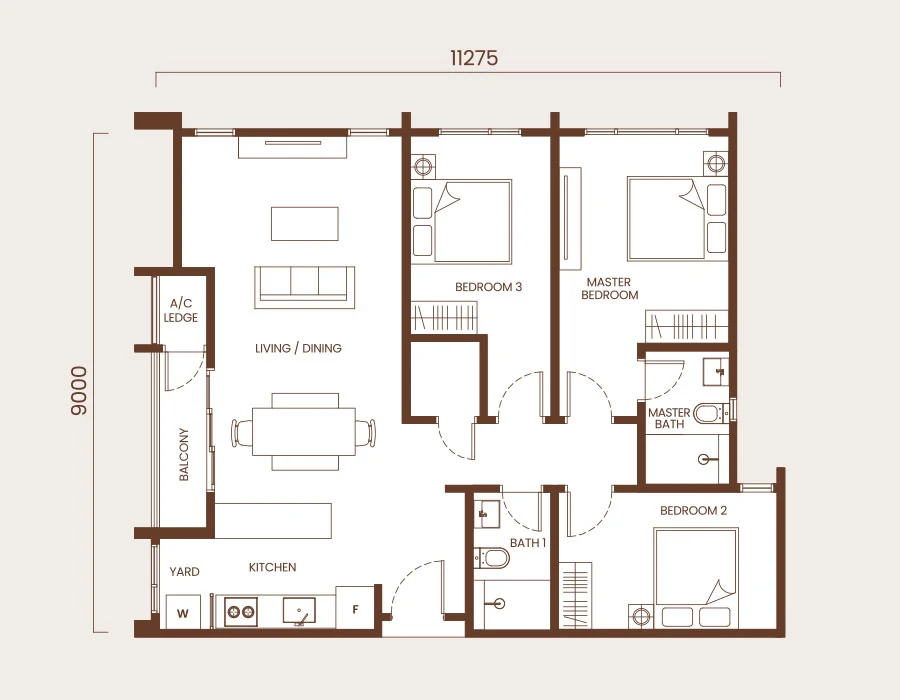 AndaBreeze 3-bedroom 1023 sqft floor plan