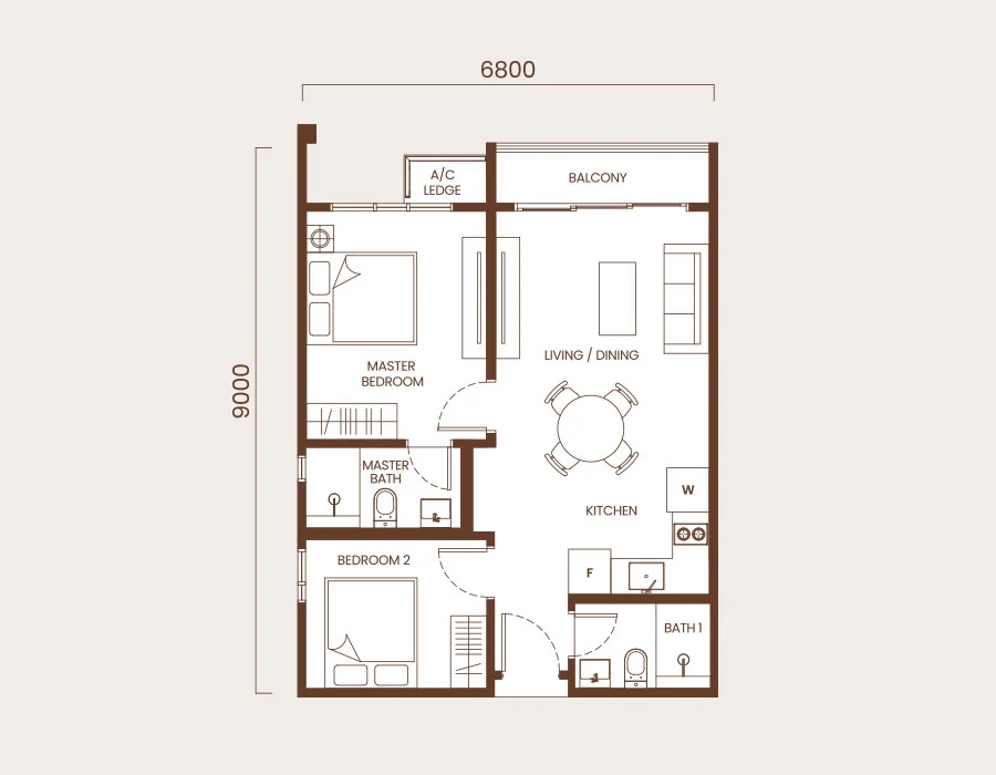 AndaBreeze 2-bedroom 636 sqft floor plan
