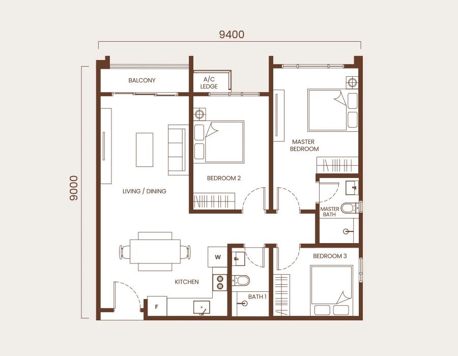 AndaBreeze 3-bedroom 894 sqft floor plan