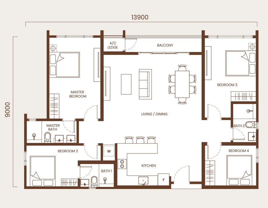 AndaBreeze 4-bedroom 1280 sqft floor plan