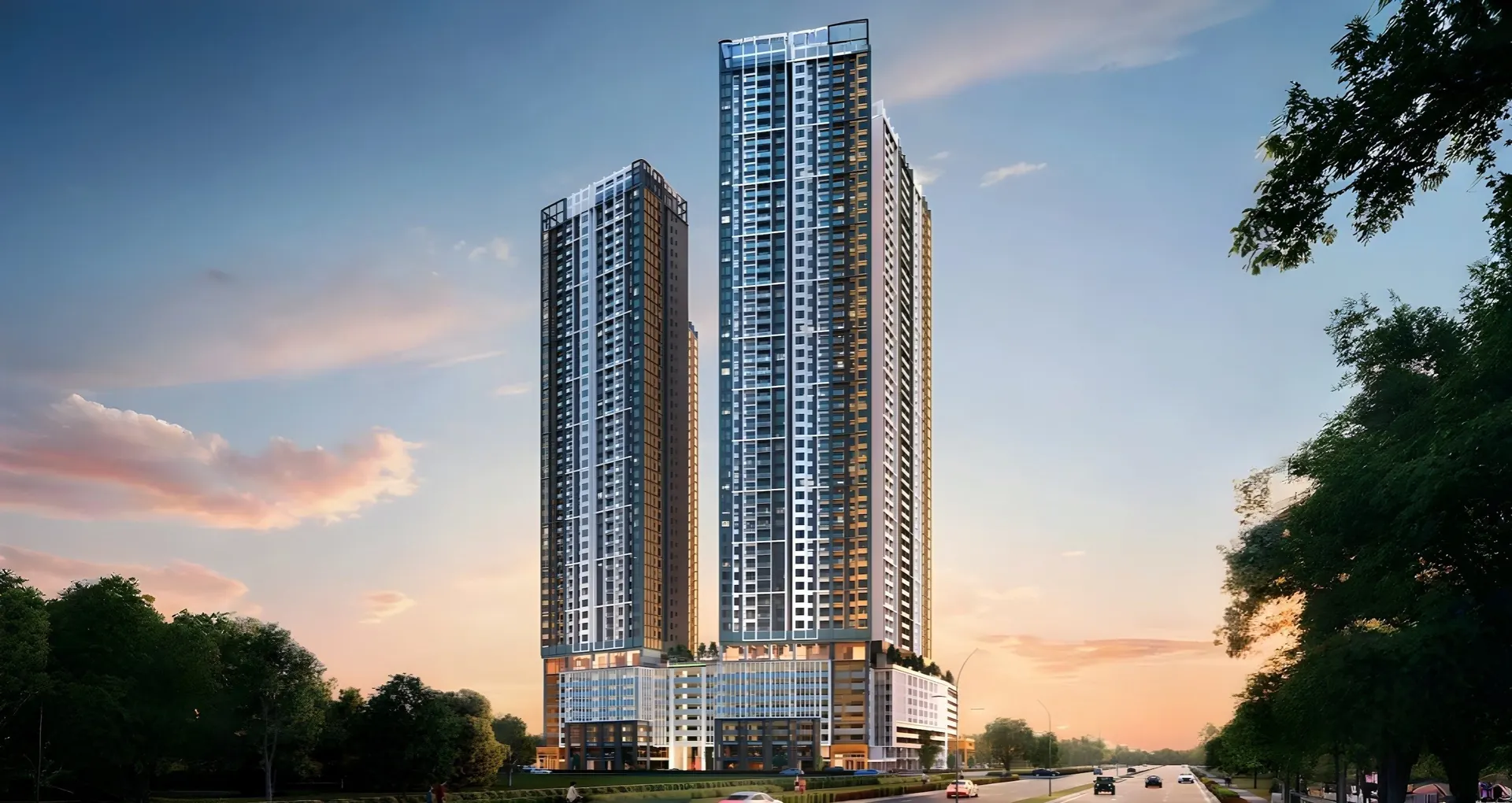 AndaBreeze Residences twin towers at dusk, Batu Kawan Penang